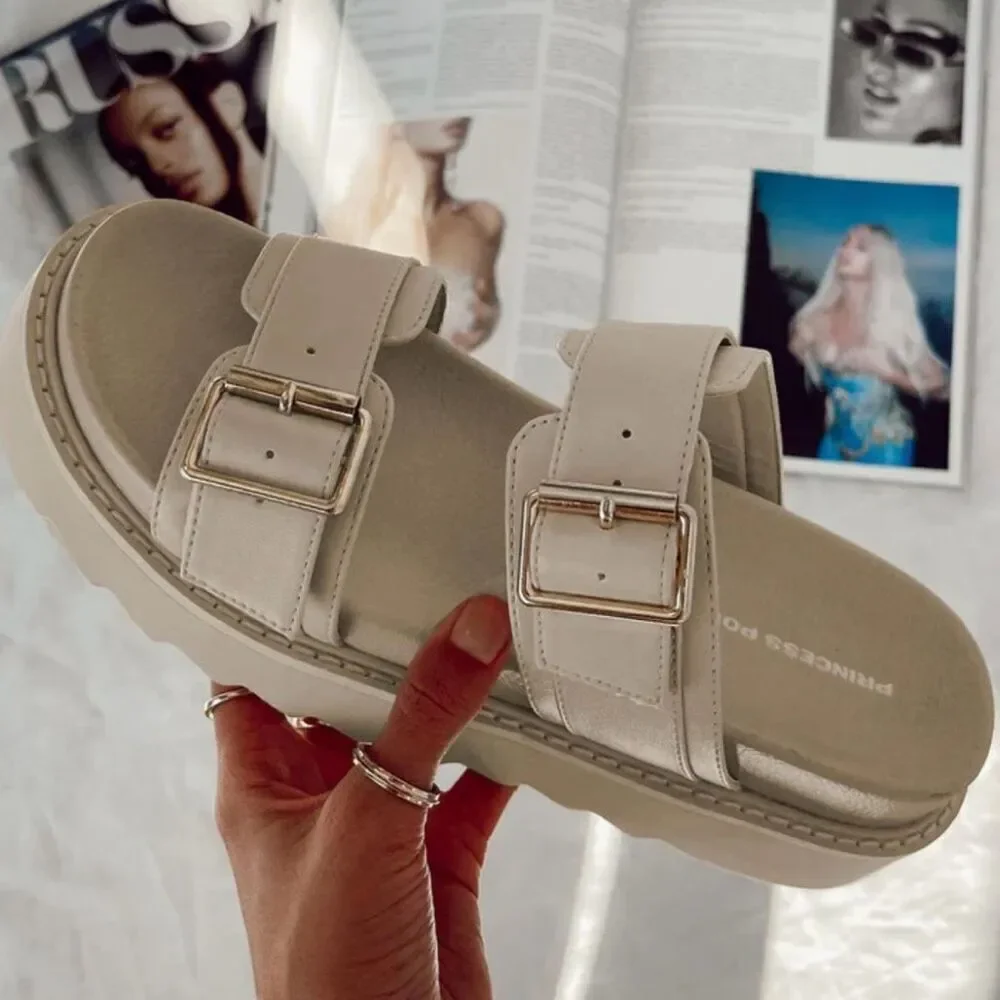 PRINCESS POLLY‎ | Cream Beige Ma Belle Slide on Buckle Sandals Vegan | Size 7